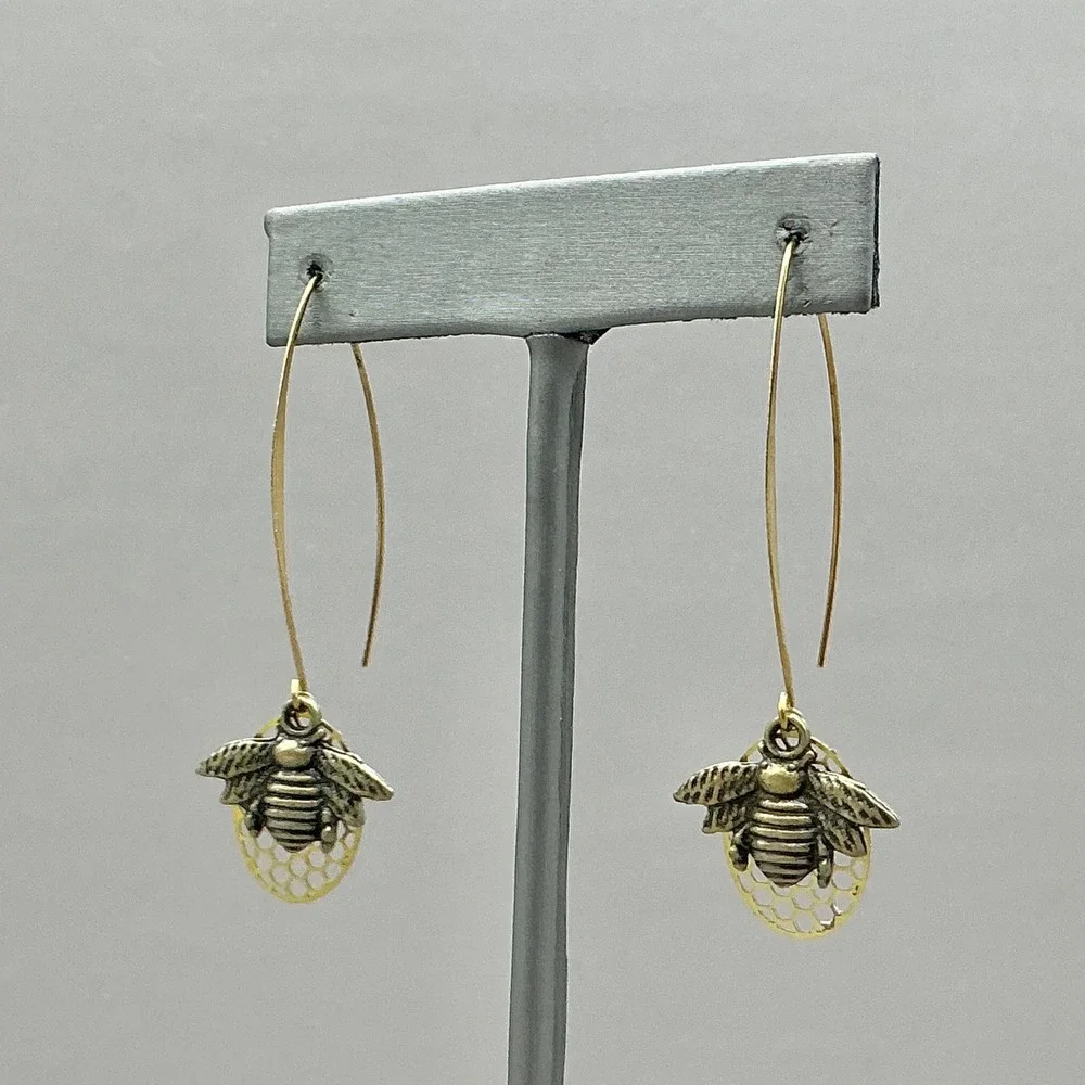 Earrings Women Gold Honey Bee Honeycomb Long Kidney Wire Dangle Drop 2.25 Inch